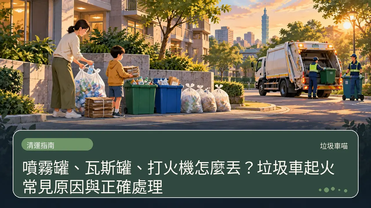 噴霧罐、瓦斯罐、打火機怎麼丟?垃圾車起火常見原因與正確處理主題插畫