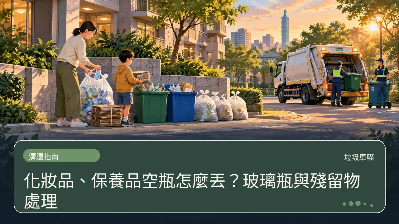 化妝品、保養品空瓶怎麼丟？玻璃瓶與殘留物處理主題插畫