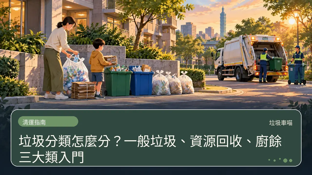 垃圾分類怎麼分？一般垃圾、資源回收、廚餘三大類入門主題插畫