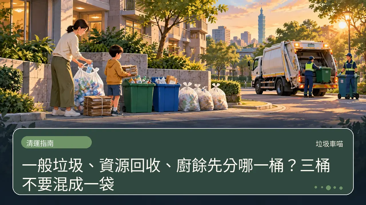 一般垃圾、資源回收、廚餘先分哪一桶？三桶不要混成一袋主題插畫