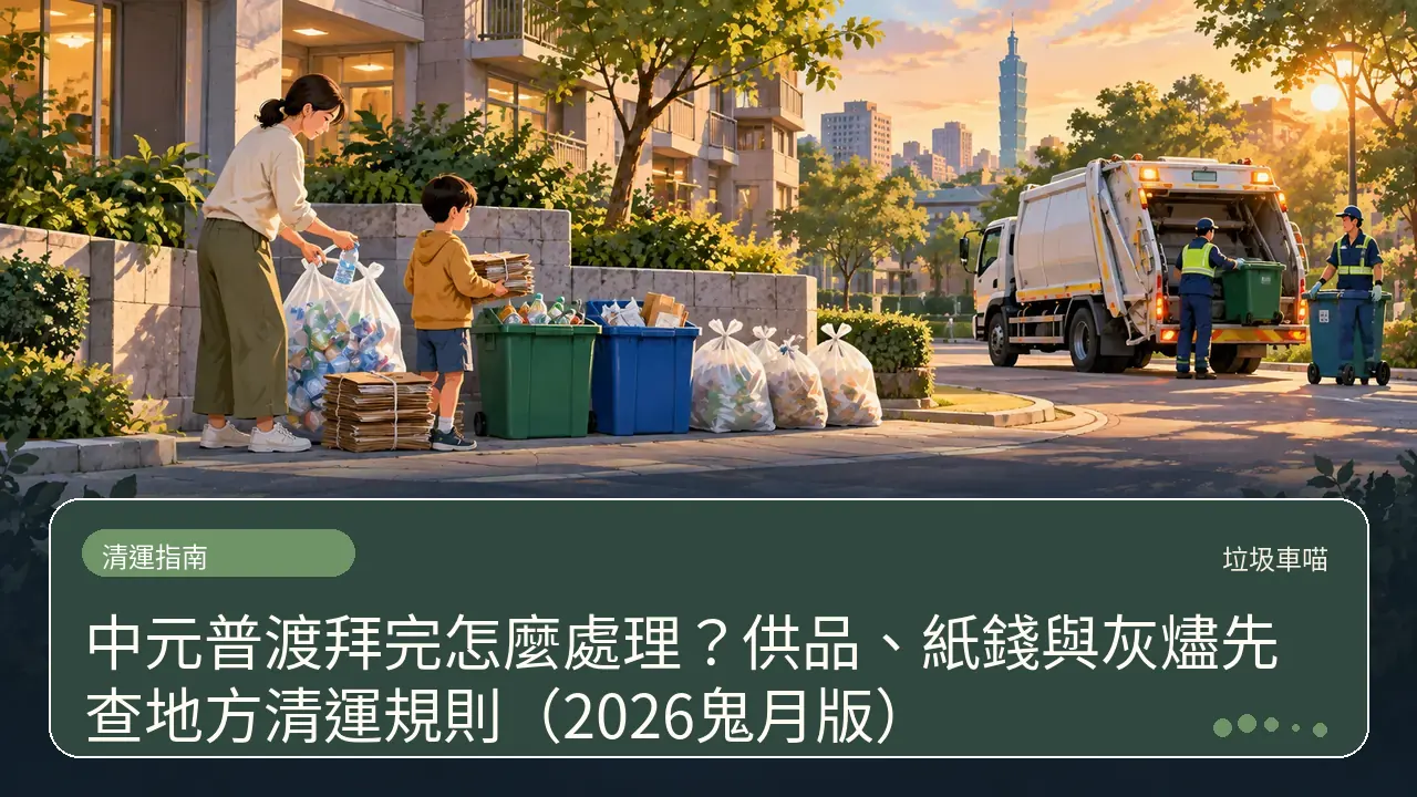 中元普渡拜完怎麼處理？供品、紙錢與灰燼先查地方清運規則（2026鬼月版）主題插畫