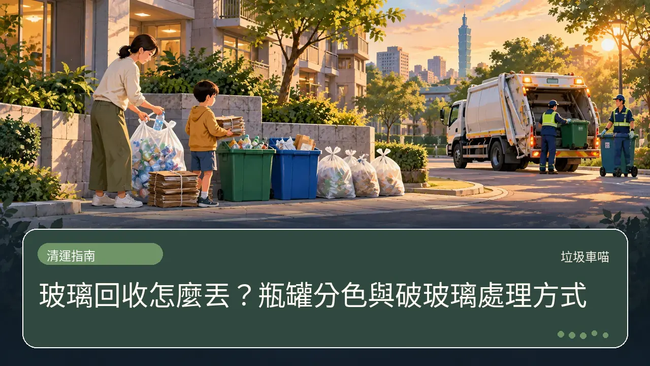 玻璃回收怎麼丟?瓶罐分色與破玻璃處理方式主題插畫