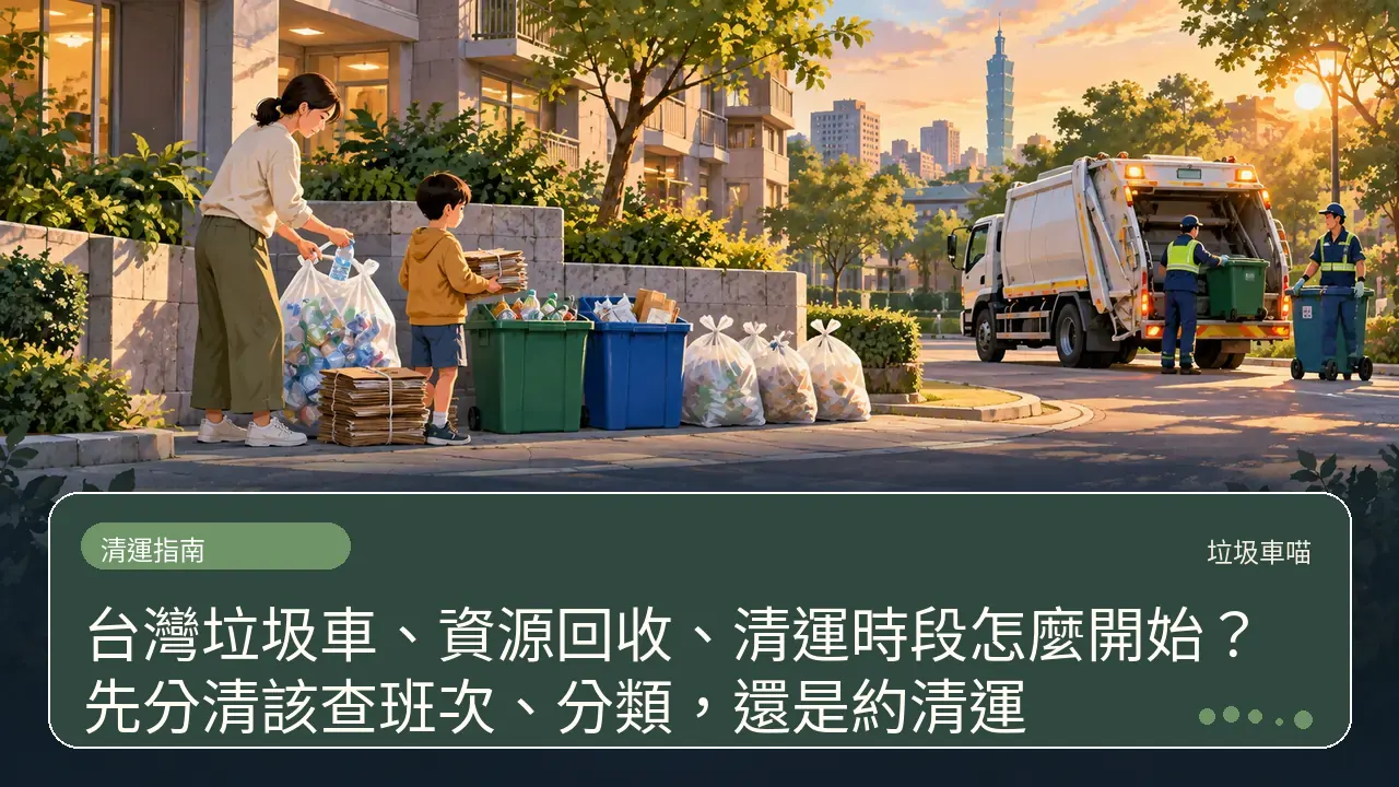 台灣垃圾車、資源回收、清運時段怎麼開始？先分清該查班次、分類，還是約清運主題插畫