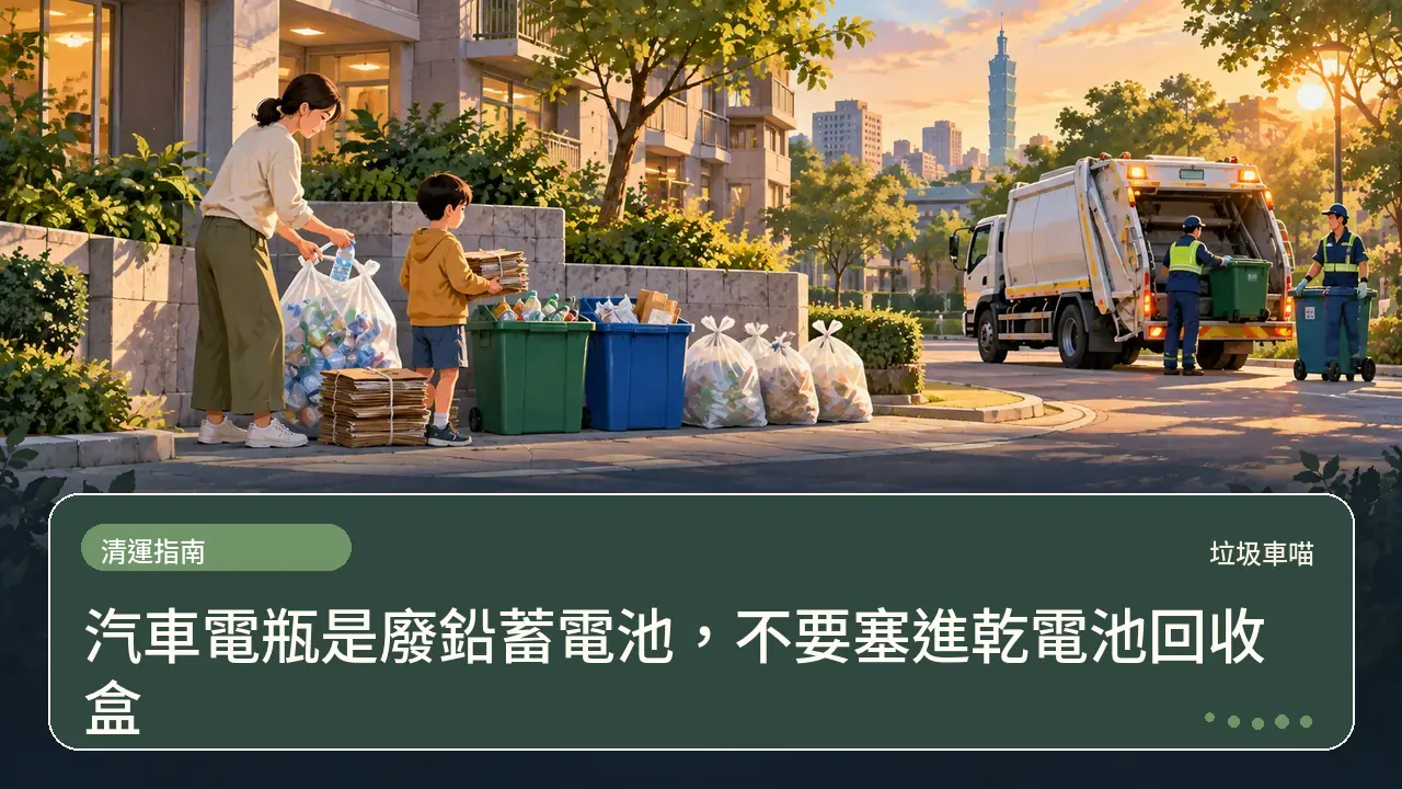 汽車電瓶是廢鉛蓄電池，不要塞進乾電池回收盒主題插畫
