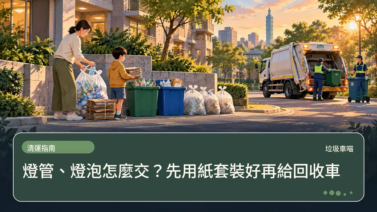 燈管、燈泡怎麼交？先用紙套裝好再給回收車主題插畫
