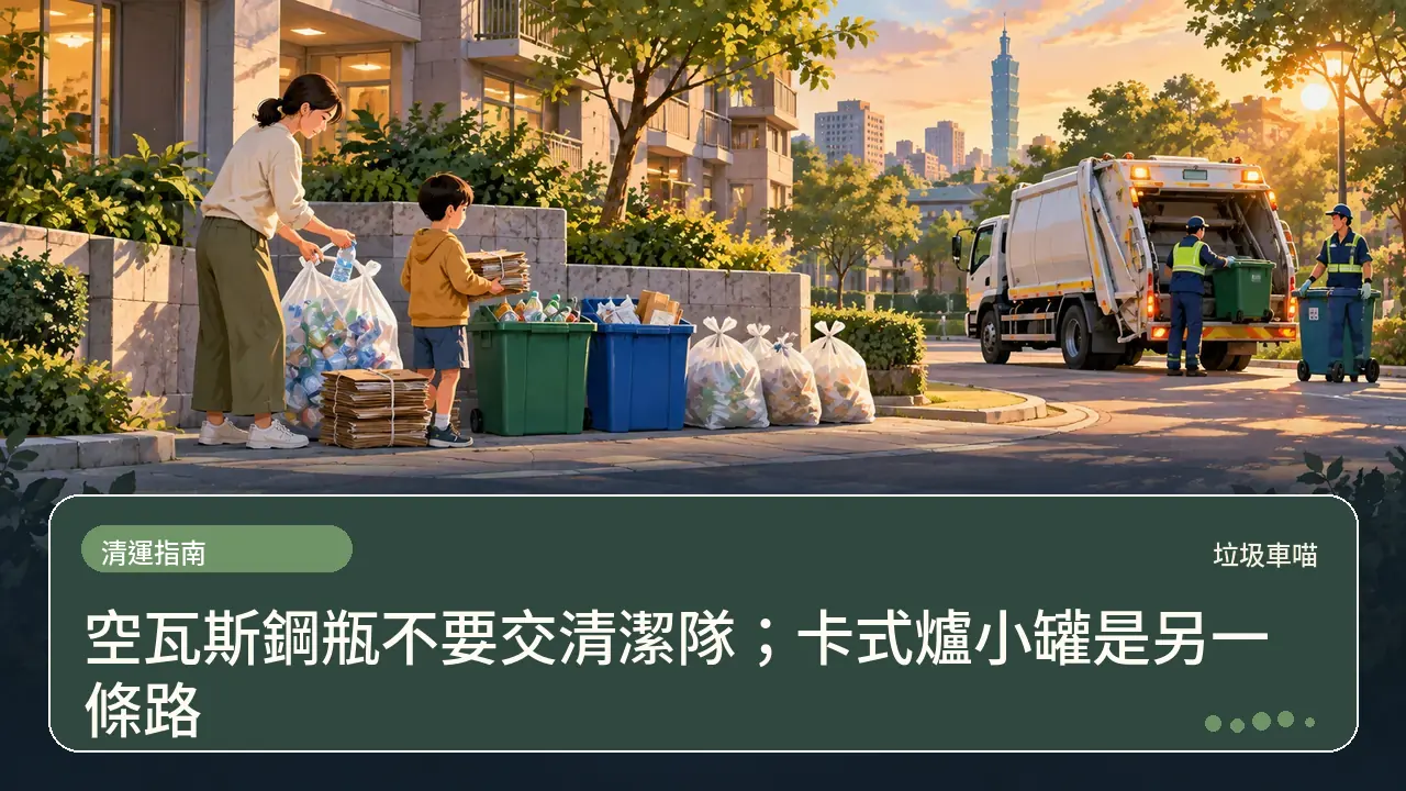 空瓦斯鋼瓶不要交清潔隊；卡式爐小罐是另一條路主題插畫