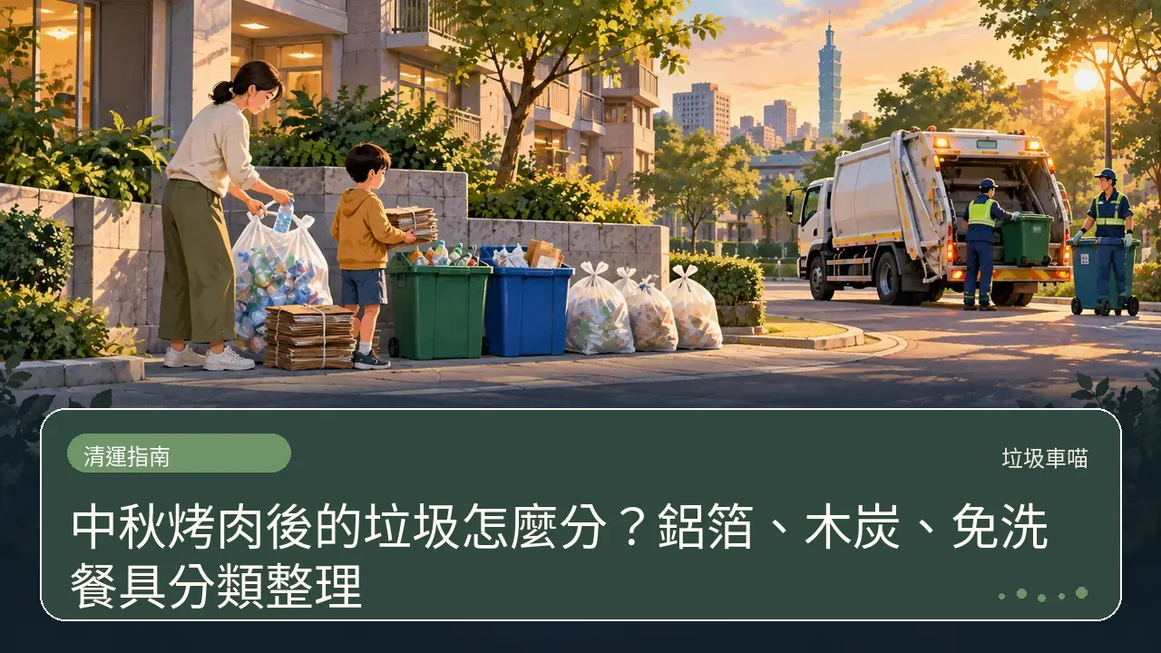 中秋烤肉後的垃圾怎麼分？鋁箔、木炭、免洗餐具分類整理主題插畫