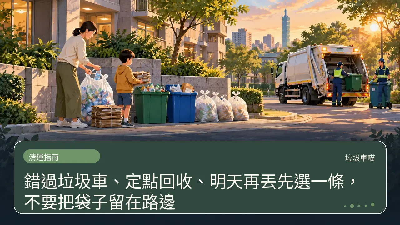 錯過垃圾車、定點回收、明天再丟先選一條，不要把袋子留在路邊主題插畫