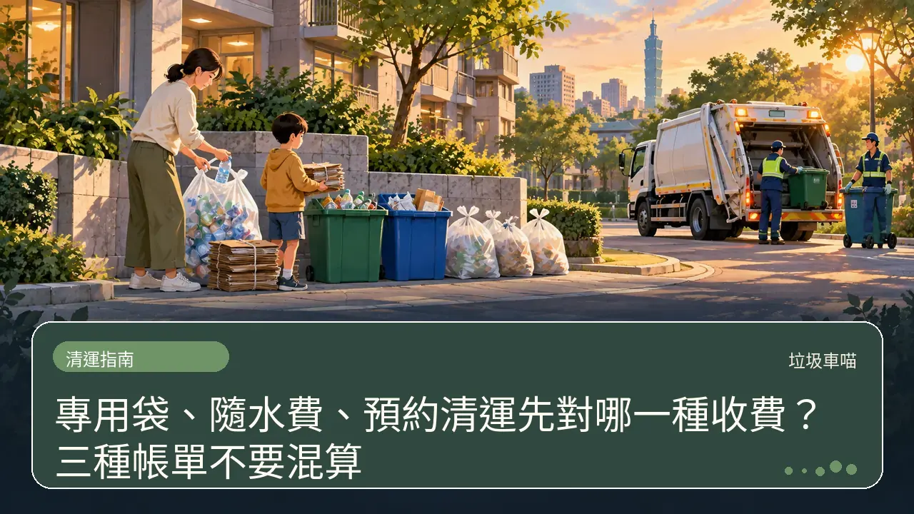 專用袋、隨水費、預約清運先對哪一種收費？三種帳單不要混算主題插畫