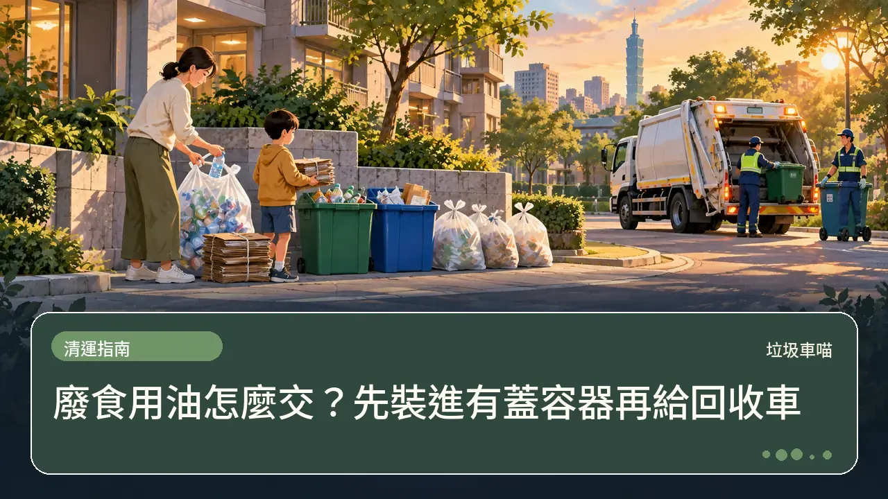 廢食用油怎麼交？先裝進有蓋容器再給回收車主題插畫